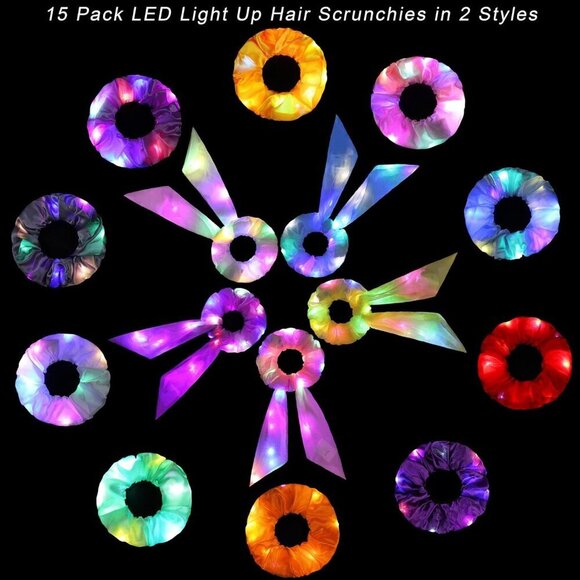 LED Light Up Hair Scrunchies 15 Pack Colorful Glowing Hair Bands for Women Girls